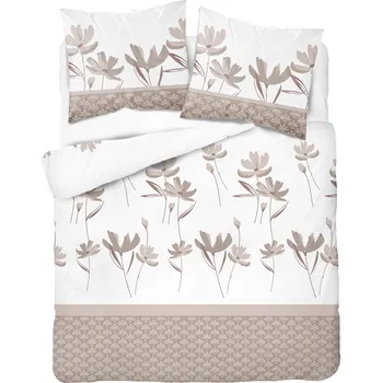 Povlečení Povlečení 160x200 bílé s béžovými květy a ozdobným pruhem