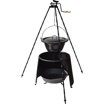 kotlíky Trojnožka s kladkou 1,2 m, kotlík smalt 14 l s poklici, závětří 33 a ohniště