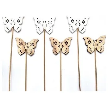 Velikonoční dekorace Zápich dřevo 6 ks 50x70 mm motýl+špejle mix, bílá, přírodní
