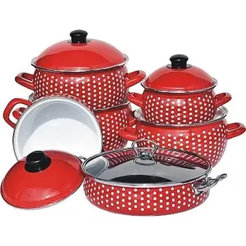 Hrnec Dvanáctidílná souprava červeného nádobí s jemnými puntíky