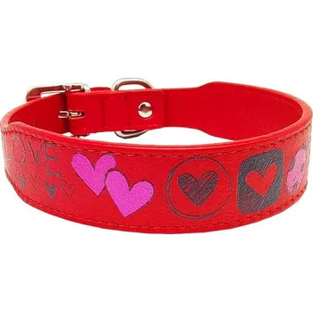 Obojek pro psa Anadi Kožený obojek Love pro malé až střední psy, červený, 2 cm × 23 - 27, 5 cm