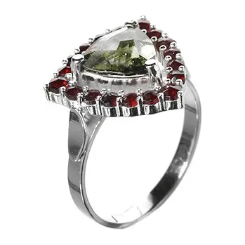 Prsten Stříbrný prsten s českým granátem a vltavínem, rhodiovaný - trojúhelník Velikost: 54