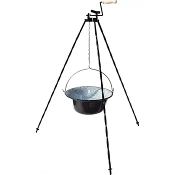 Outdoor vaření Gulášový set: Trojnožka 1,25 m s kladkou a smaltovaný outdoorový kotlík 13 l na oheň