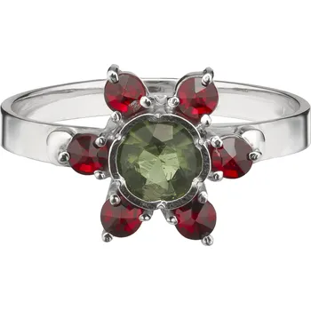 Prsten Stříbrný prsten s českým granátem a vltavínem, rhodiovaný - květina Velikost: 50