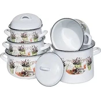 Hrnec Smaltované nádobí 5 ks bílá s jemným levandulovým kvítím