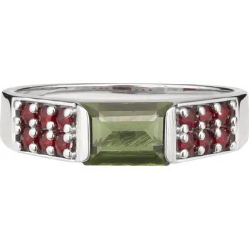 Prsten Stříbrný prsten s českým granátem a vltavínem, rhodiovaný - obdélník Velikost: 55