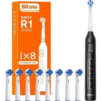 Zubní kartáček Bitvae - Elektrický zubní kartáček (BVR1) - Soft, s 8 hlavicemi, chytrý časovač, režimy Clean/Sensitive/White/Gum Care/Tongue - černý