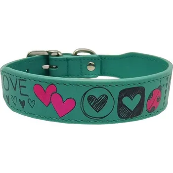 Obojek pro psa Anadi Kožený obojek Love pro malé až střední psy, zelený tyrkys, 2, 8 cm × 35 - 41 cm