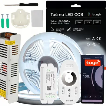 LED páska Sada LED COB pásek 12V 5m 6000K BÍLÁ STUDENÁ + ZDROJ + TUYA WIFI DÁLKOVÝ OVLADAČ RF