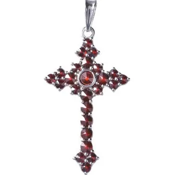 Přívěsek Stříbrný přívěsek s českým granátem, rhodiovaný - křížek