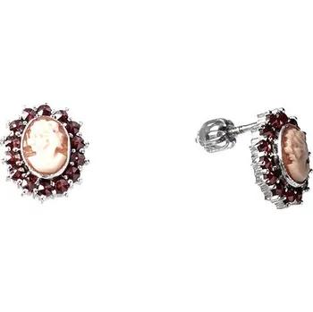Náušnice Stříbrné náušnice s českým granátem a kamejí, rhodiované - ovál Zapínání: balónek