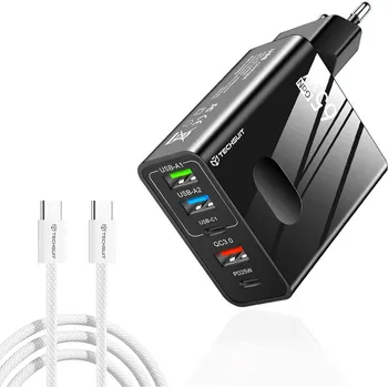 Datový kabel Techsuit - Prémiová síťová nabíječka PentaXPower (CHC1) - Včetně kabelu Type-C, 3x USB, 2x Type-C PD 25W, 65W, GaN, 1m - černá