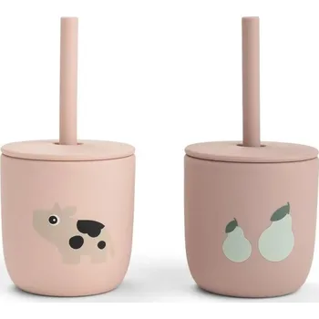 dětská jídelní sada DONE BY DEER set 2 hrnečků s brčkem Tiny farm - růžové