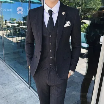 Best Fashion Pánský proužkovaný oblek pro svatby a práci Barva: Černá, Velikost: S