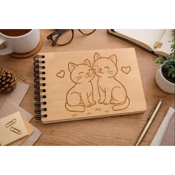 desky na sešit Dary dřeva Personalizovaný dřevěný deník – zápisník s kočkou Velikost: A5