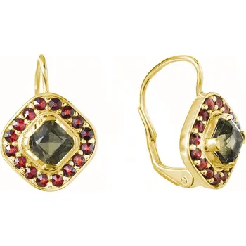 Náušnice Stříbrné náušnice s českým granátem a vltavínem, zlacené - čtverec Zapínání: klapka