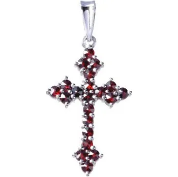 Přívěsek Stříbrný přívěsek s českým granátem, rhodiovaný - křížek