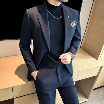 Pánský oblek Best Fashion Pánský proužkovaný oblek pro slavnostní příležitosti Barva: Tmavě Modrá, Velikost: 5XL