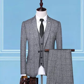 Best Fashion Pánský károvaný třídílný oblek pro business styl Velikost: S, Barva (Varianta): Gray 1