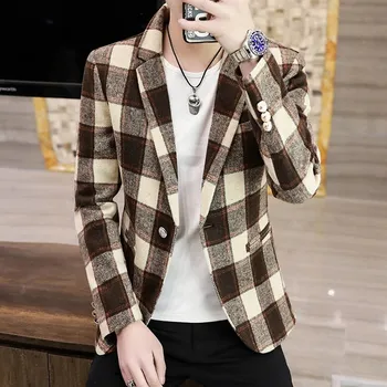 Best Fashion Pánské kostkované sako v elegantním stylu Barva: Khaki, Velikost: L