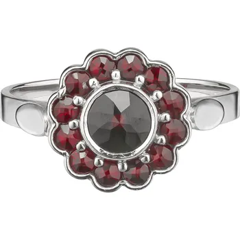 Prsten Stříbrný prsten s českým granátem, rhodiovaný - květina Velikost: 53