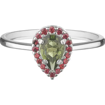 Prsten Stříbrný prsten s českým granátem a vltavínem, rhodiovaný - kapka Velikost: 59