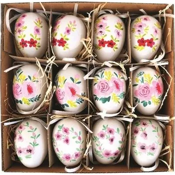 Velikonoční dekorace Vajíčka plastová s barevným dekorem na zavěšení 6 cm, 12 ks v krabičce