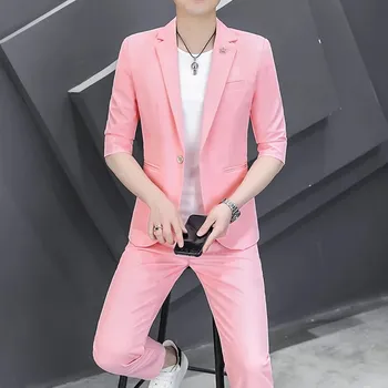 Best Fashion Pánský letní oblek s moderním zkráceným rukávem Barva: Růžová, Velikost: L