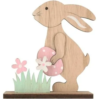 Zajíc dřevěný na postavení 13 cm s růžovým vajíčkem