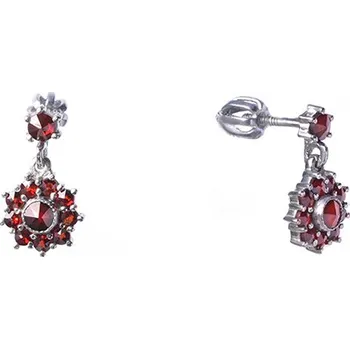 Náušnice Stříbrné náušnice s českým granátem, rhodiované - květina Zapínání: klapka