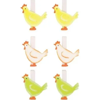 Velikonoční dekorace Slepička dřevěná 4,5 cm na kolíčku 6 ks [A]