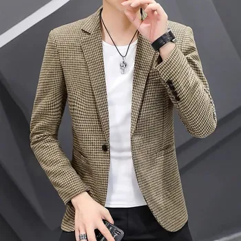 Best Fashion Pánské kostkované sako pro formální příležitosti Barva: Khaki, Velikost: S