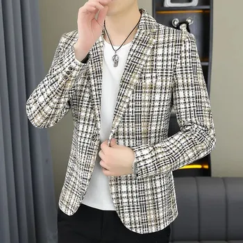 Best Fashion Pánské kostkované sako pro elegantní volnočasový styl Barva: Khaki, Velikost: 4XL