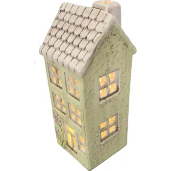 Zelený keramický domeček s růžovou střechou, LED, 15 cm