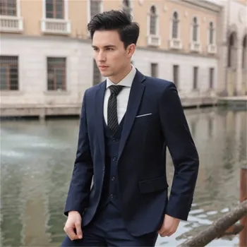 Pánský oblek Best Fashion Pánský třídílný oblek v luxusním stylu Barva: Tmavě Modrá, Velikost: L