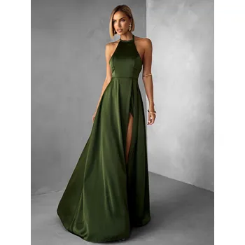 Dámské šaty Khaki dlouhé saténové šaty HAMBUR Velikost: ONESIZE