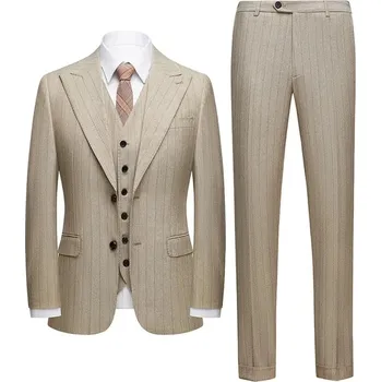 Pánský oblek Best Fashion Pánský pruhovaný třídílný oblek pro business styl Velikost: XXS, Barva (Varianta): 625 khaki