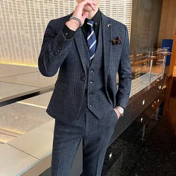 Pánský oblek Best Fashion Pánský lněný třídílný oblek pro formální události Barva: Modrá, Velikost: S