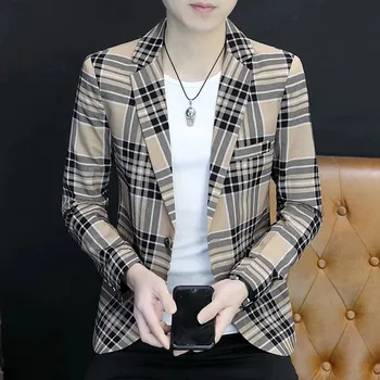 Best Fashion Pánské kostkované sako ve slim střihu Barva: Khaki, Velikost: M