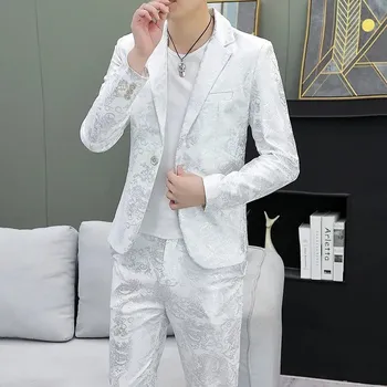 Best Fashion Pánský elegantní oblek s výrazným vzorem Barva: Bílá, Velikost: M