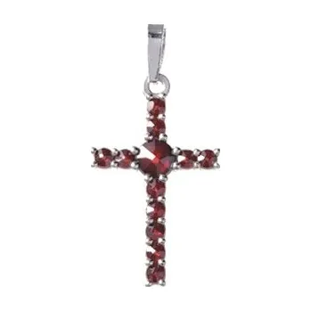 Přívěsek Stříbrný přívěsek s českým granátem, rhodiovaný - křížek