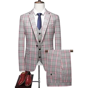 Pánský oblek Best Fashion Pánský károvaný třídílný oblek pro formální styl Barva: Pudrová, Velikost: XXS