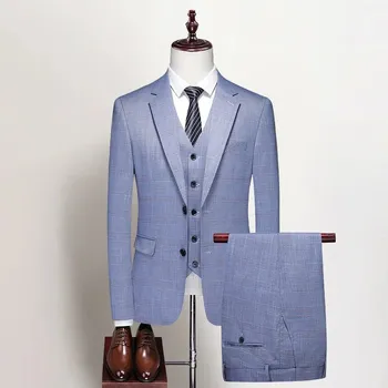 Pánský oblek Best Fashion Pánský pruhovaný třídílný oblek pro slavnostní chvíle Barva: Modrá, Velikost: S