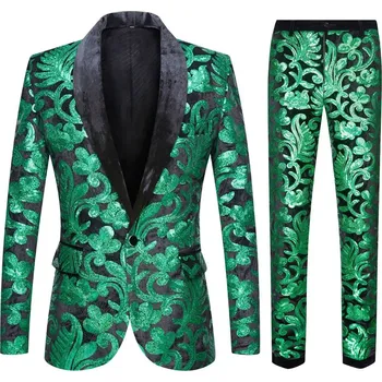 Best Fashion Pánský slavnostní oblek se sakem a kalhotami Velikost: S, Barva (Varianta): Green Velvet Sequins