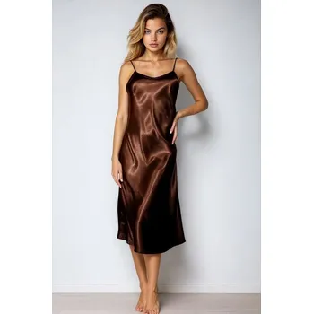 Dámská noční košile Dlouhá saténová košilka Argentina hnědá XL - Dárková krabička