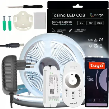 LED páska Sada LED COB pásek 24V 5m 6000K STUDENÁ BÍLÁ + NAPÁJECÍ ZDROJ + TUYA WIFI DÁLKOVÝ OVLADAČ RF