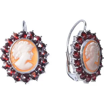 Náušnice Stříbrné náušnice s českým granátem a kamejí, rhodiované - ovál Zapínání: klapka