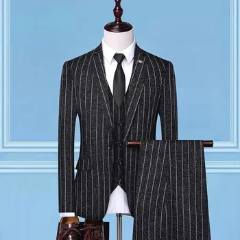 Pánský oblek Best Fashion Pánský pruhovaný třídílný oblek pro formální styl Barva: Černá, Velikost: XS