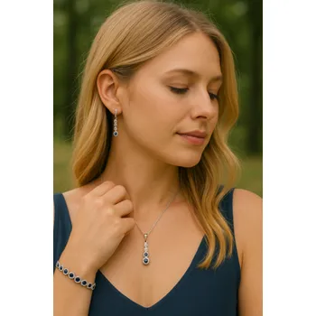 Souprava šperků Stříbrný set královský náušnice, přívěsek a náramek s tmavomodrými zirkony - nadčasová elegance