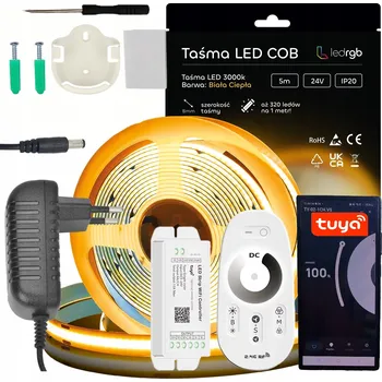 LED páska Sada LED COB pásek 24V 5m 3000K BÍLÁ + NAPÁJECÍ ZDROJ DO ZÁSUVKY TUYA + DÁLKOVÝ OVLADAČ